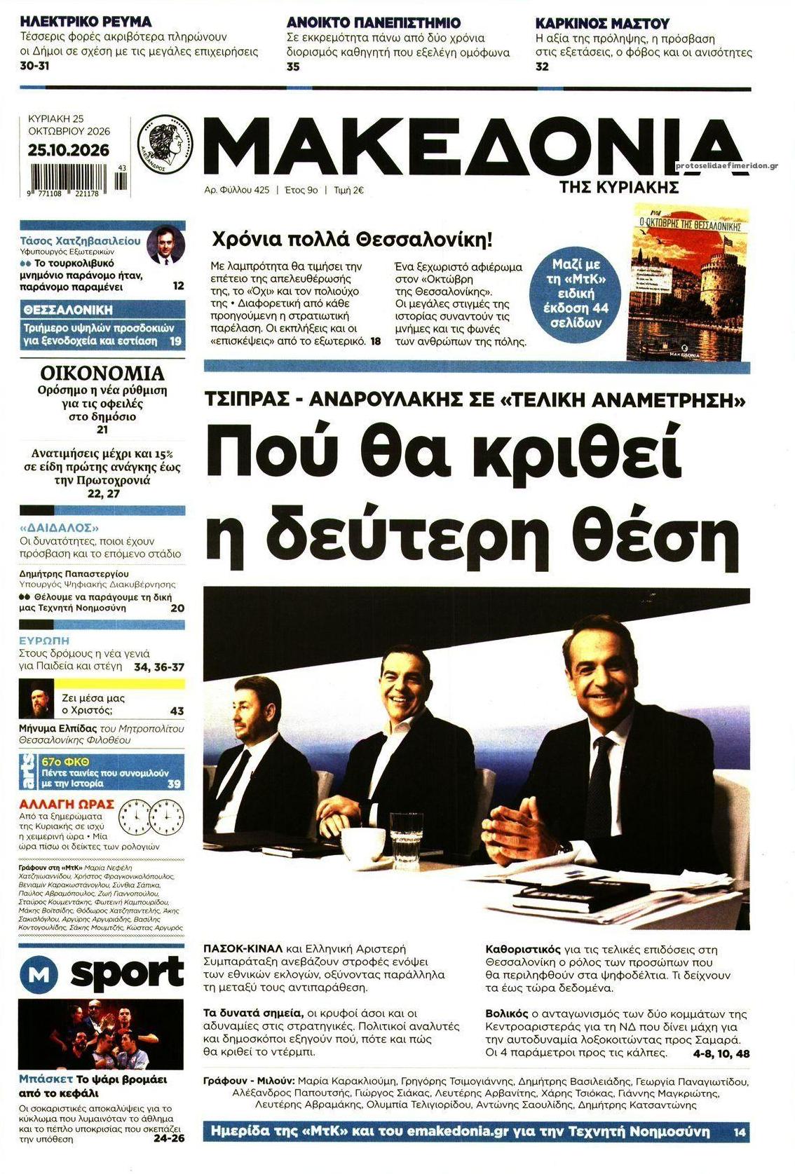 Πρωτοσέλιδο εφημερίδας Μακεδονία 25/10/2026