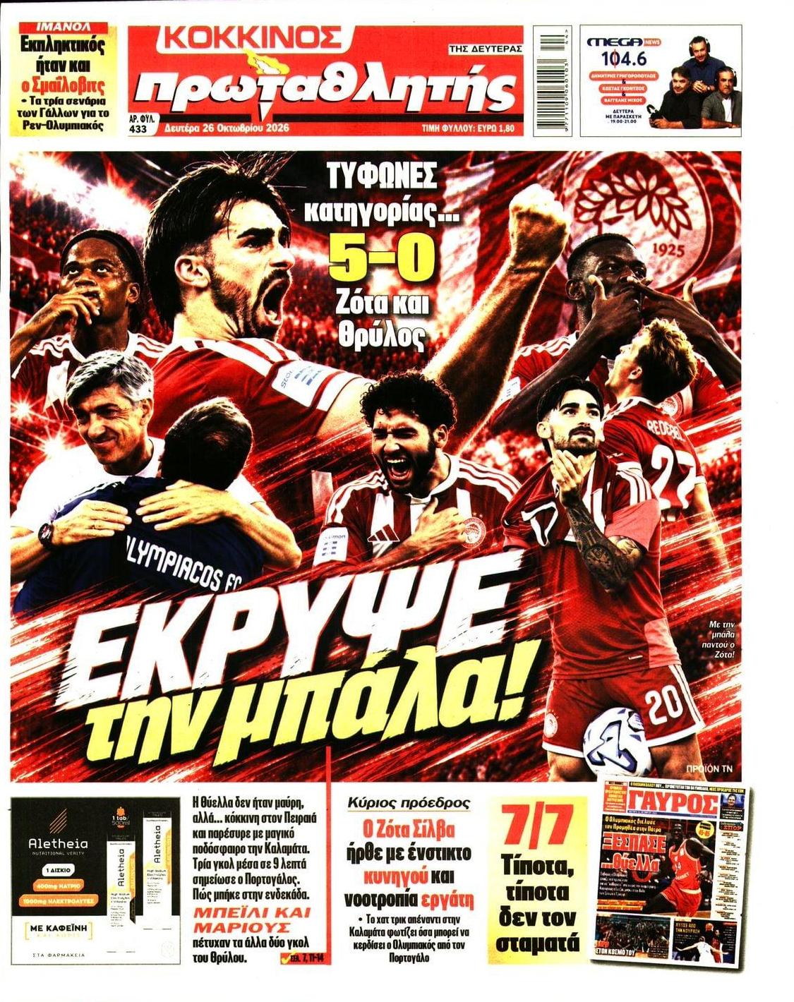 Πρωτοσέλιδο εφημερίδας Κόκκινος Πρωταθλητής 27/10/2026