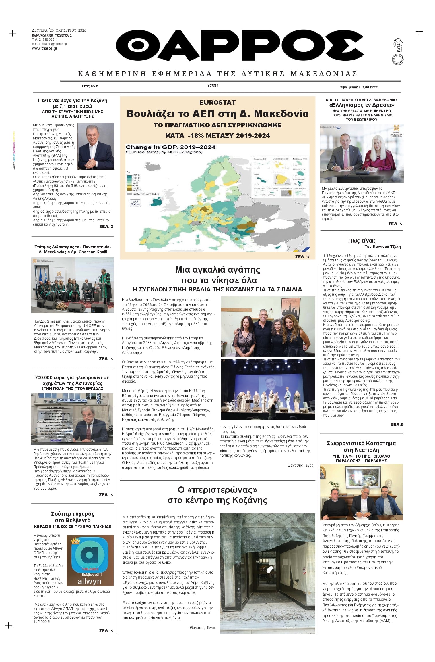 Πρωτοσέλιδο εφημερίδας Θάρρος Κοζάνης 27/10/2026