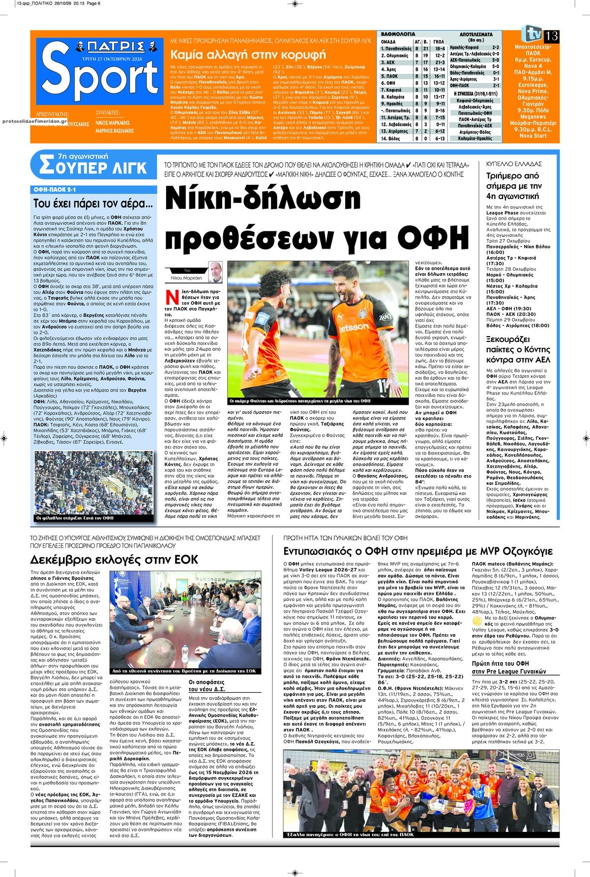 Πρωτοσέλιδο εφημερίδας Πατρίς Σπορ 28/10/2026
