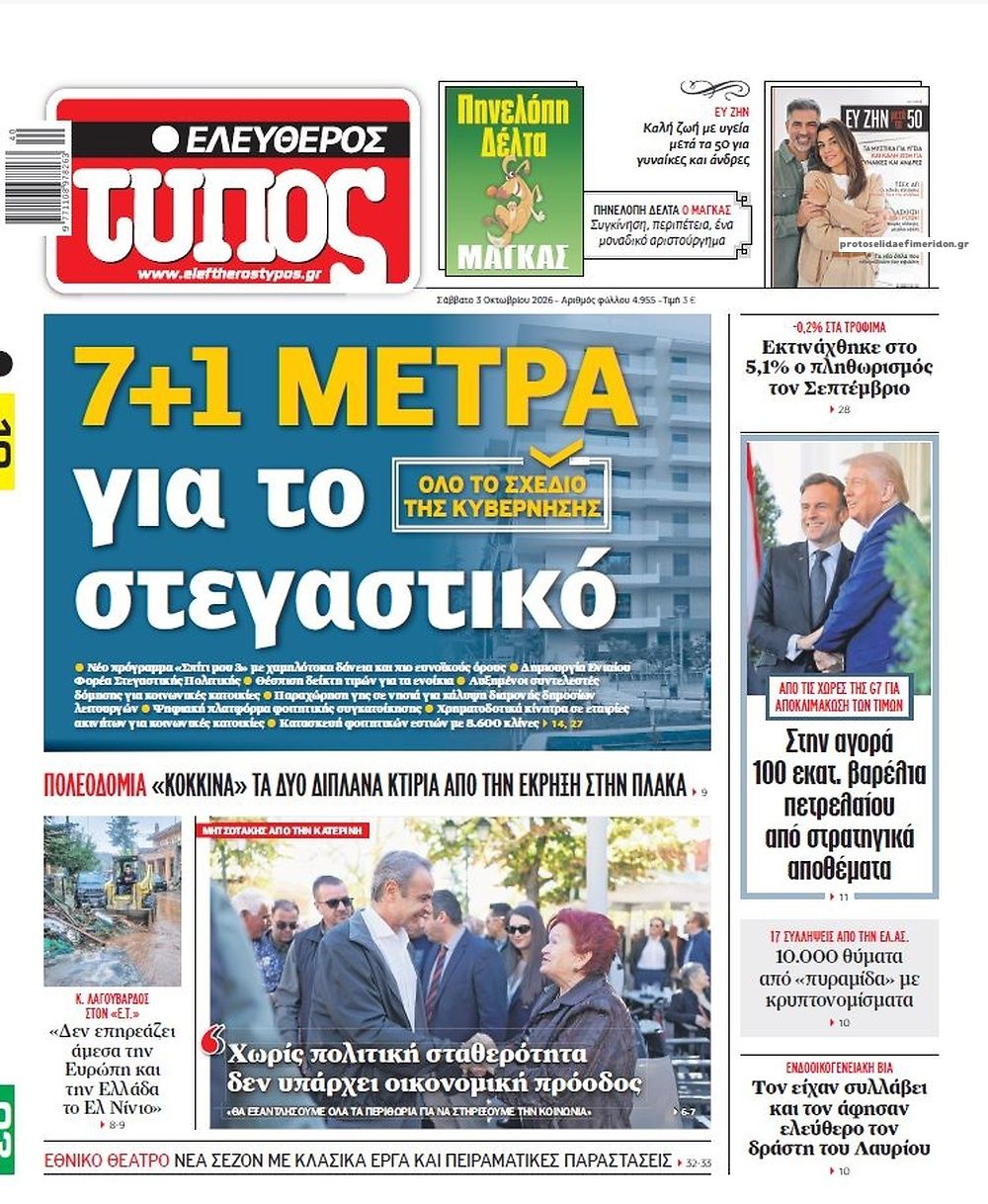 Πρωτοσέλιδο εφημερίδας Ελεύθερος Τύπος 05/10/2026