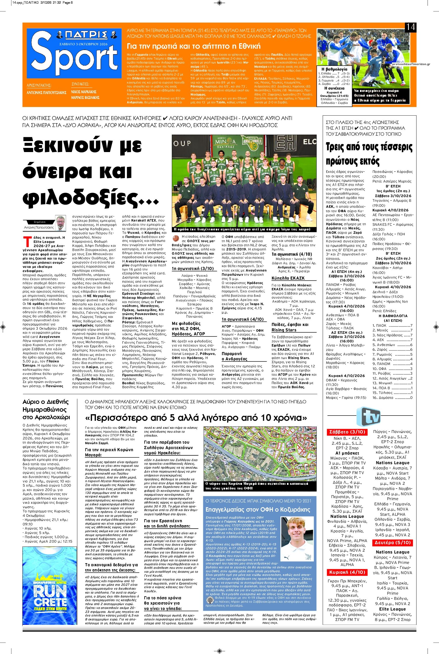 Πρωτοσέλιδο εφημερίδας Πατρίς Σπορ 04/10/2026