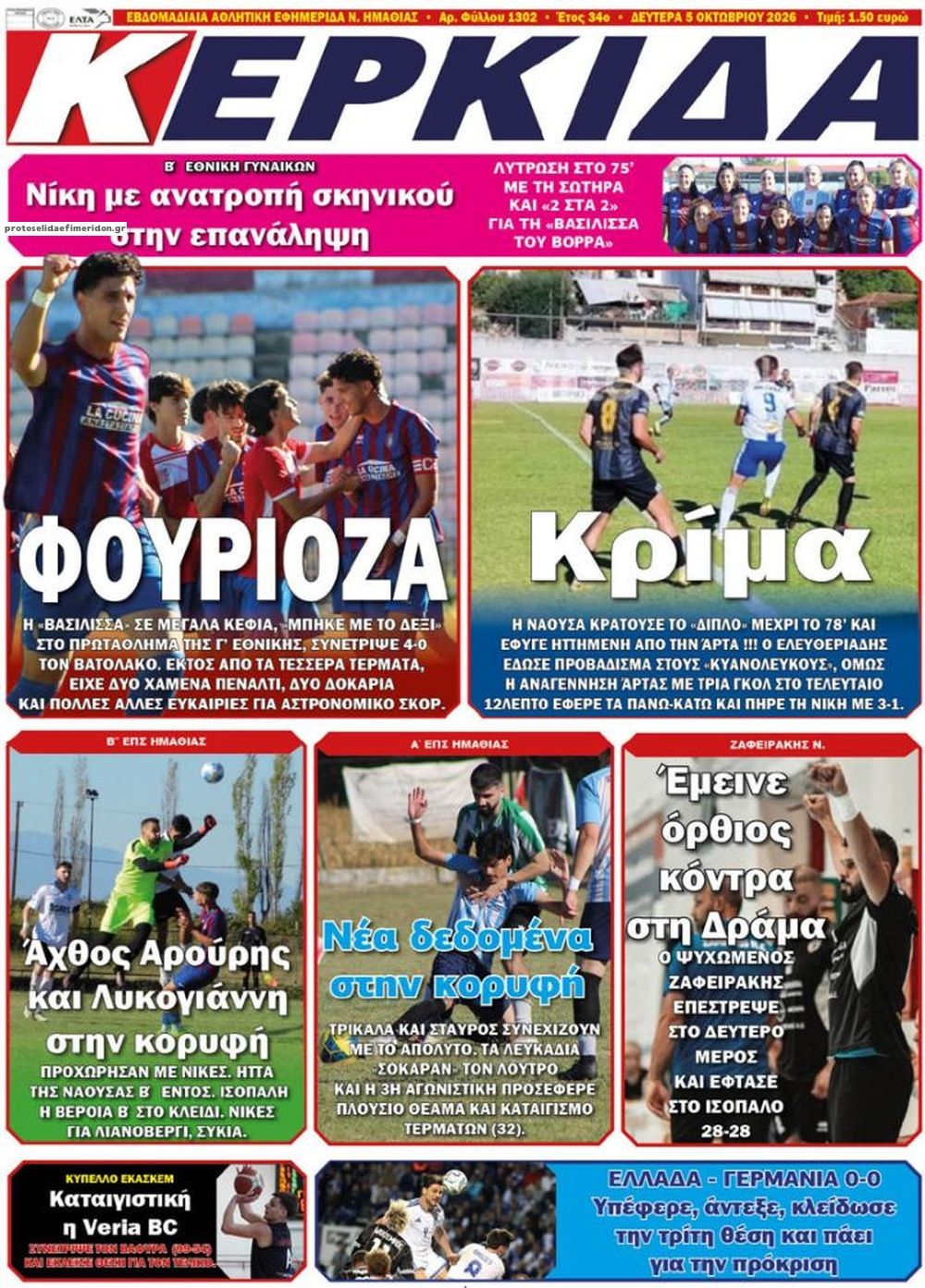 Πρωτοσέλιδο εφημερίδας Κερκίδα 08/10/2026