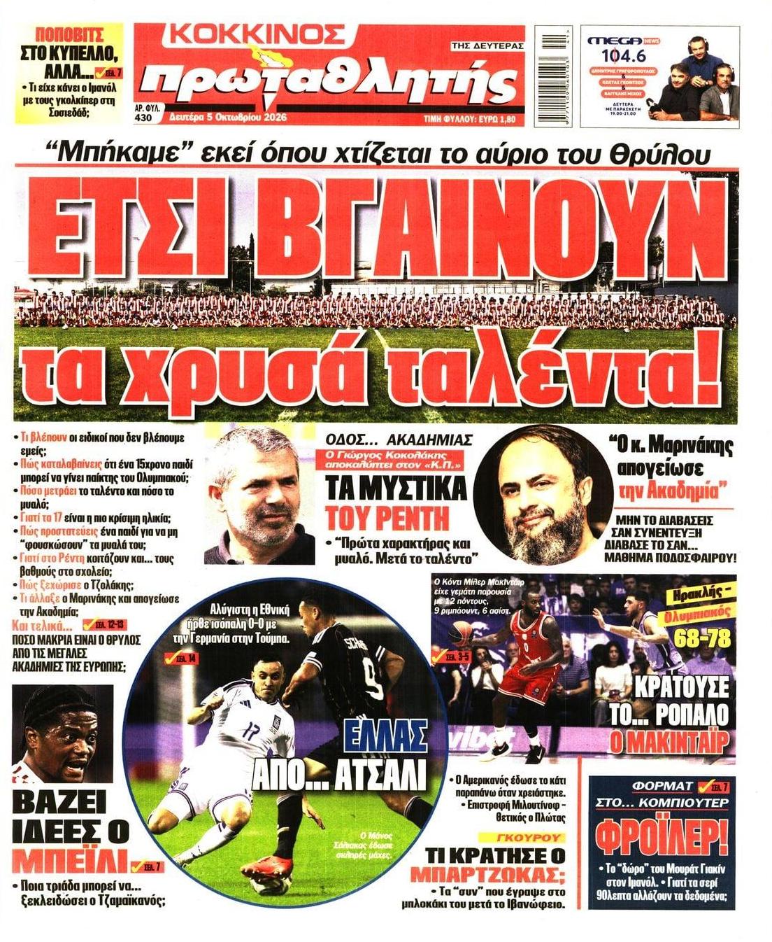 Πρωτοσέλιδο εφημερίδας Κόκκινος Πρωταθλητής 08/10/2026