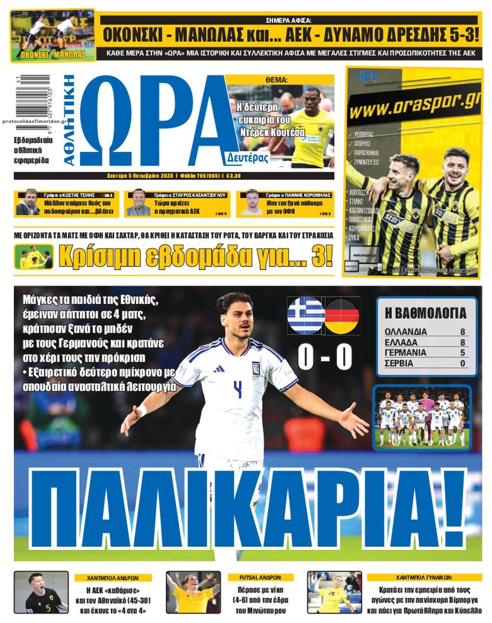 Πρωτοσέλιδο εφημερίδας Η ώρα των Σπορ 08/10/2026