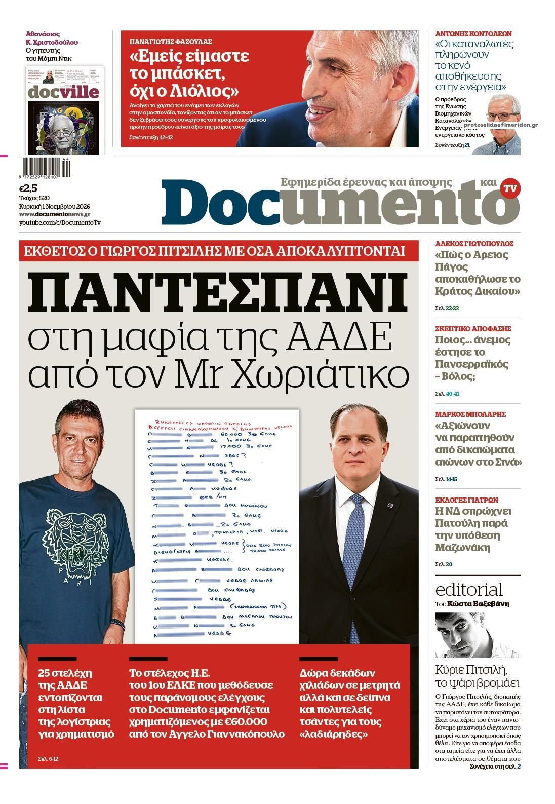 Πρωτοσέλιδο εφημερίδας Documento 31/10/2026